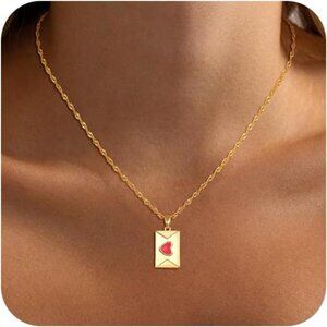 14K Gold Plated Pink Heart Envelope Necklace | Dainty Twist Rope Chain